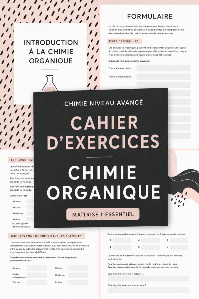 Un student utilisant un workbook de chimie organique pour ses révisions scolaires.