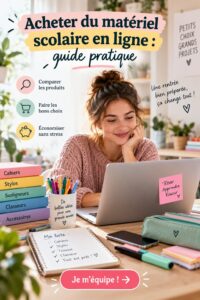 Élèves ravis extérieurs à l'école avec leur matériel scolaire acheté en ligne.