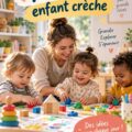 Jeunes enfants jouant à des activités ludiques en crèche, entourés de matériel éducatif.