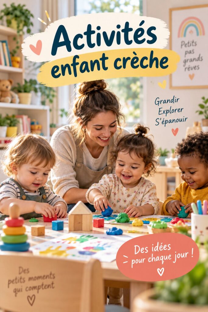 Jeunes enfants jouant à des activités ludiques en crèche, entourés de matériel éducatif.