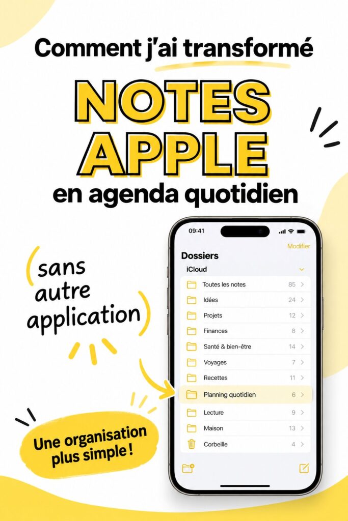 Capture d'écran d'Apple Notes utilisé comme planner quotidien, avec des notes organisées et des tâches listées.