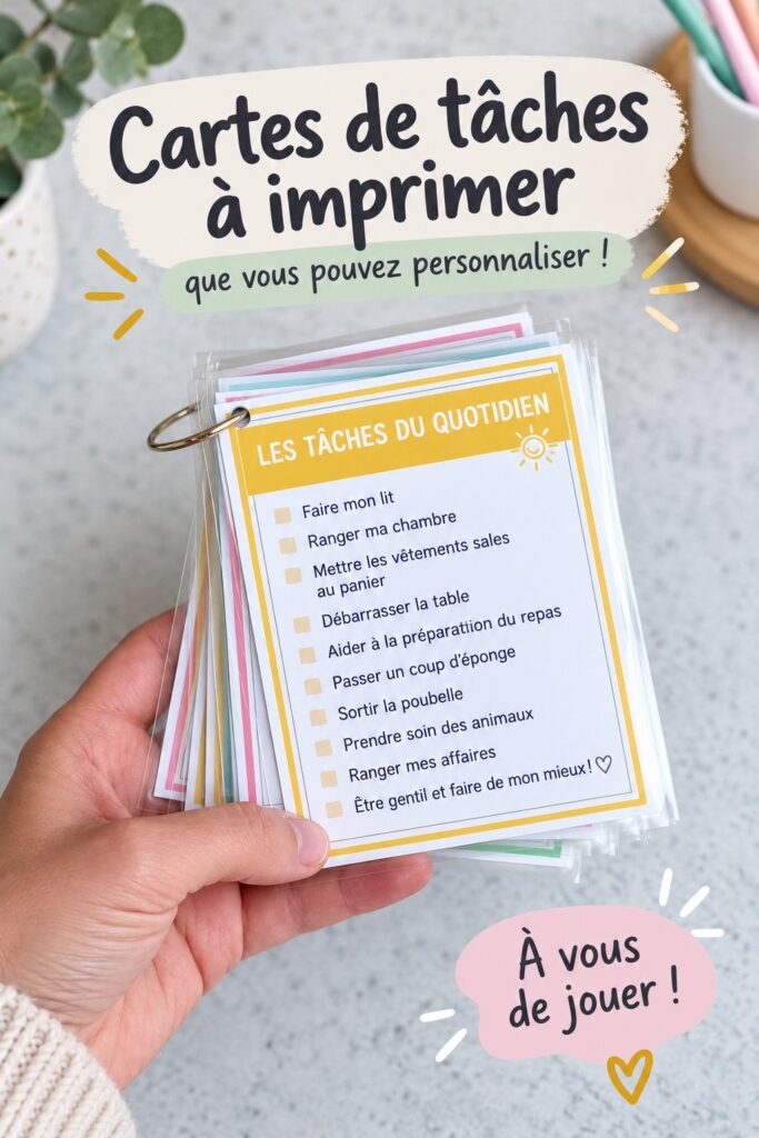 Exemple de cartes de tâches imprimables avec des illustrations ludiques pour enfants.