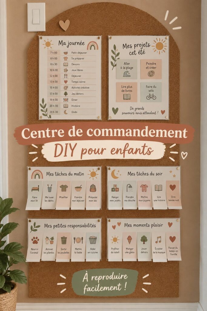 Un centre de commande pour enfants avec des tableaux et des rangements colorés.