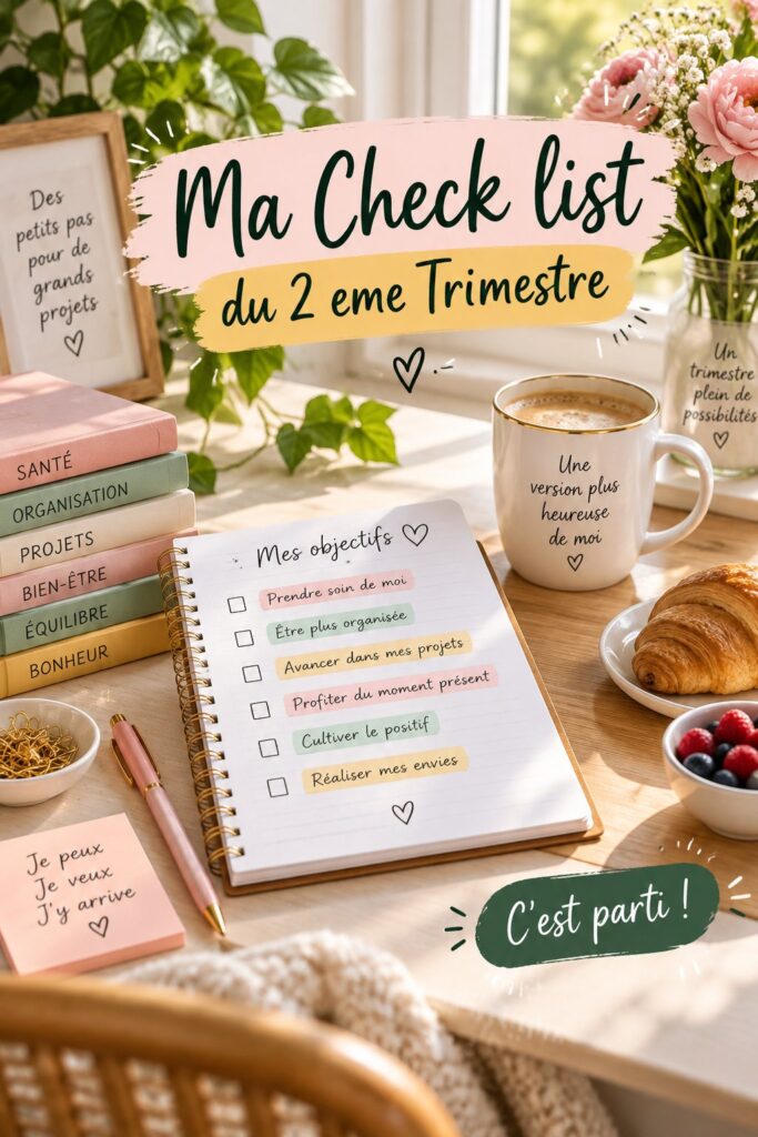 Checklist pour réussir le 2ème trimestre scolaire avec des étapes claires et organisées.