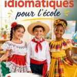 Un groupe d'enfants portant des costumes créatifs pour une fête scolaire.