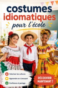 Un groupe d'enfants portant des costumes créatifs pour une fête scolaire.