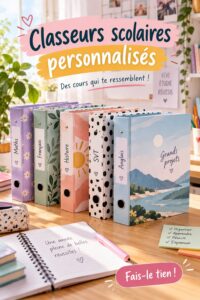 Classeur scolaire personnalisé avec des décorations colorées pour enfants.