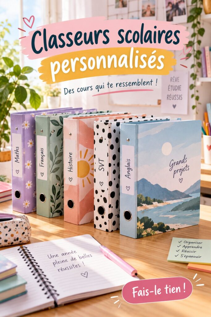Classeur scolaire personnalisé avec des décorations colorées pour enfants.