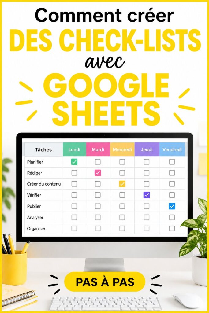 Capture d'écran d'une checklist dans Google Sheets, montrant des cases à cocher et une mise en forme personnalisée.