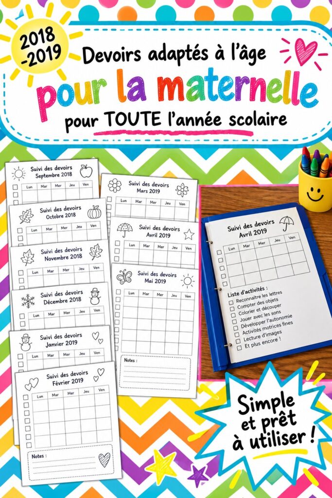 Un enfant souriant faisant ses devoirs de pré-maternelle avec des crayons et des livres.