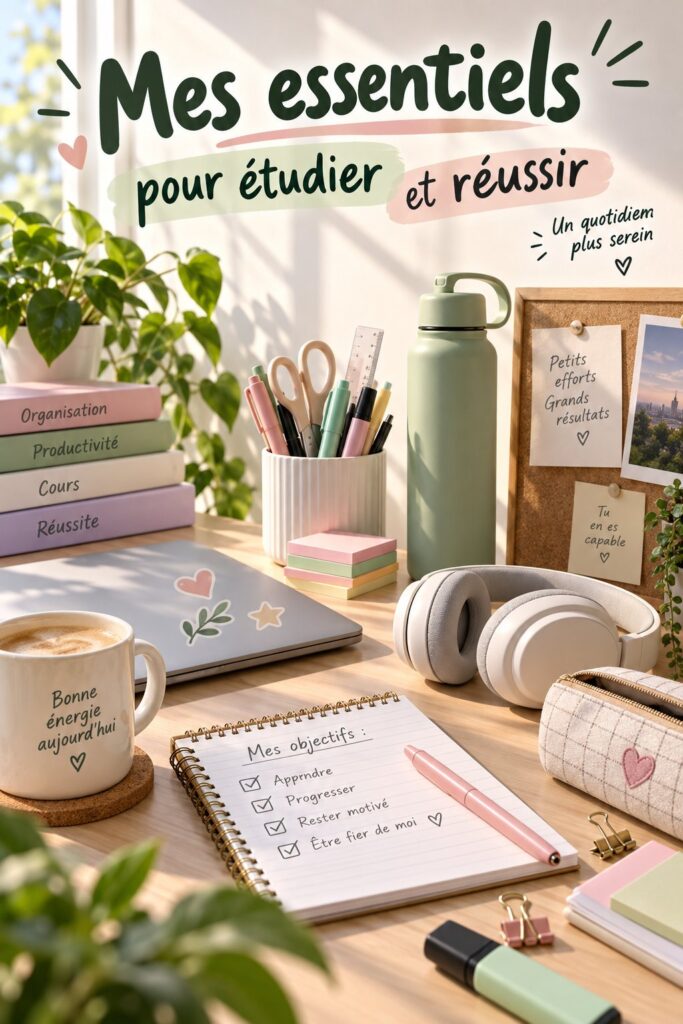 Fournitures essentielles pour réussites scolaires, incluant cahiers, stylos et ordinateur