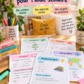 Enfant étudiant avec des fiches pédagogiques sur une table.
