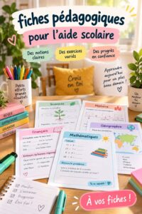 Enfant étudiant avec des fiches pédagogiques sur une table.