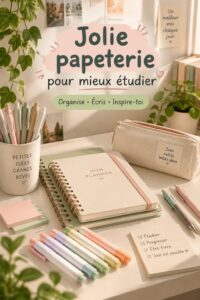 Espace d'étude avec des fournitures mignonnes, noté en couleurs pastel