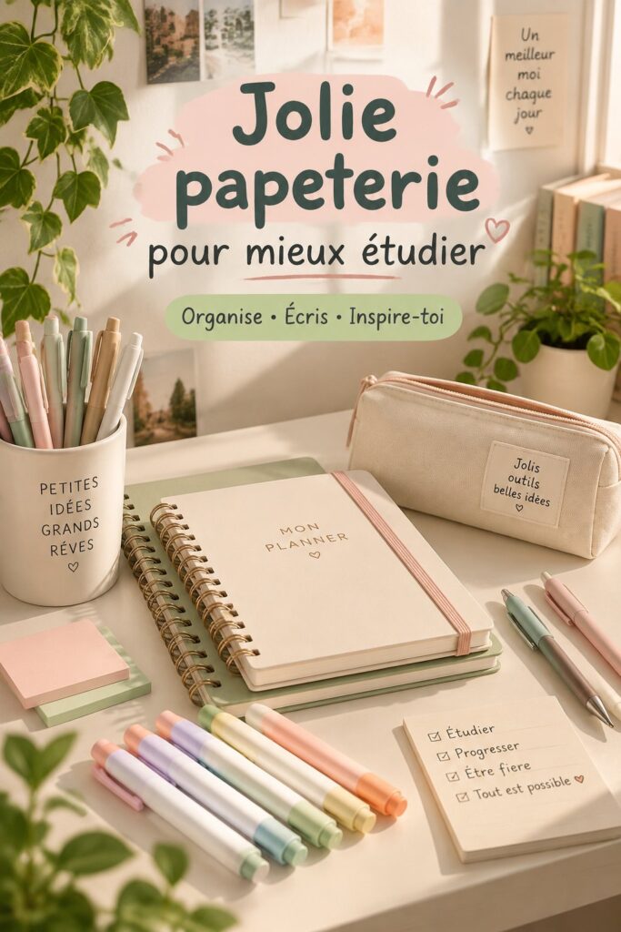Espace d'étude avec des fournitures mignonnes, noté en couleurs pastel