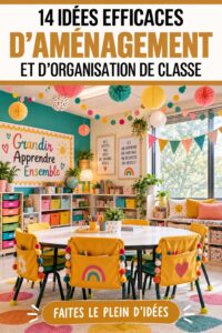 Salle de classe bien agencée avec des zones dédiées à l'apprentissage collaboratif.