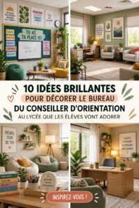 Bureau conseiller scolaire décoré et accueillant avec des couleurs vives.