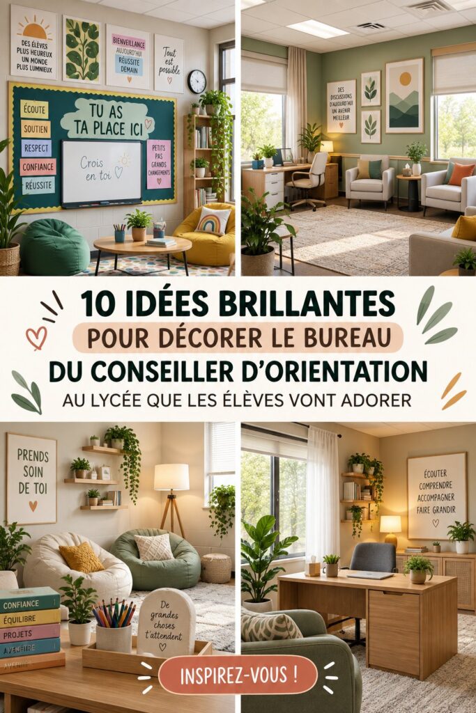 Bureau conseiller scolaire décoré et accueillant avec des couleurs vives.