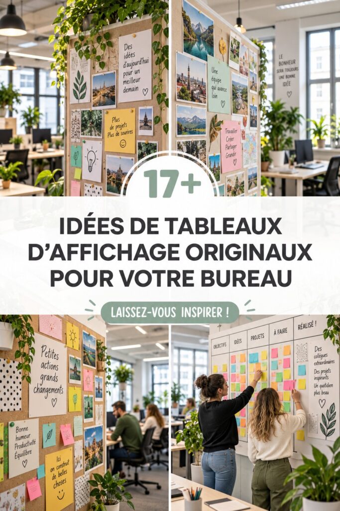 Tableau d'affichage coloré dans un bureau avec des notes et des photos