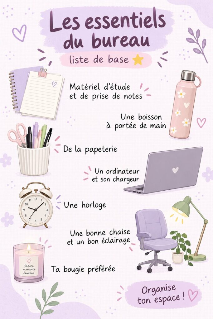 Bureau organisé avec fournitures de révisions essentielles.