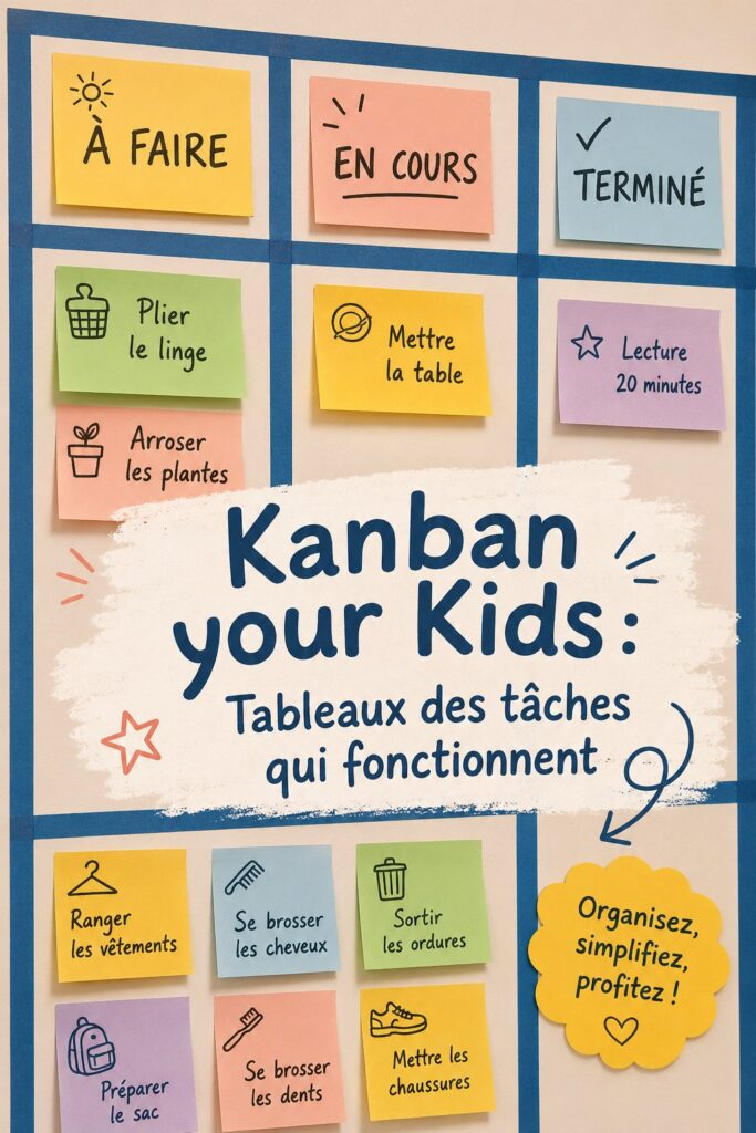 Un tableau Kanban coloré avec des tâches pour enfants dans une chambre