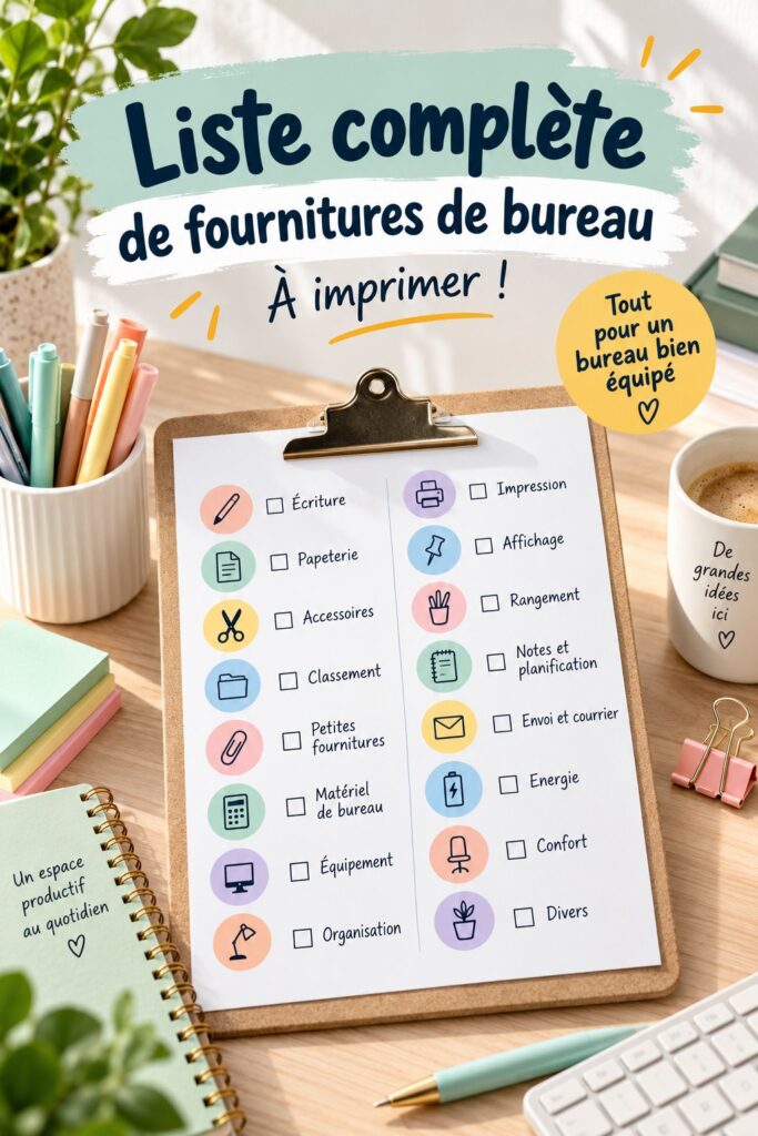 Liste imprimable de fournitures de bureau organisée sur un bureau en bois