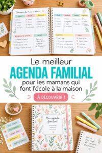 Maman et enfants utilisant un planner éducatif à la maison.