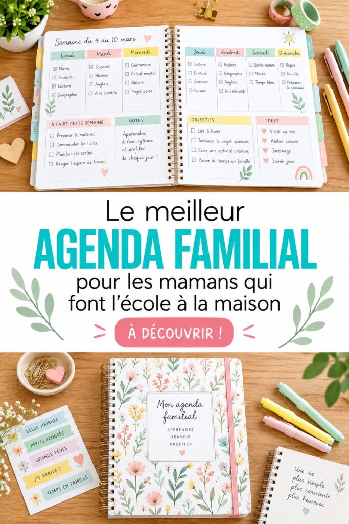 Maman et enfants utilisant un planner éducatif à la maison.