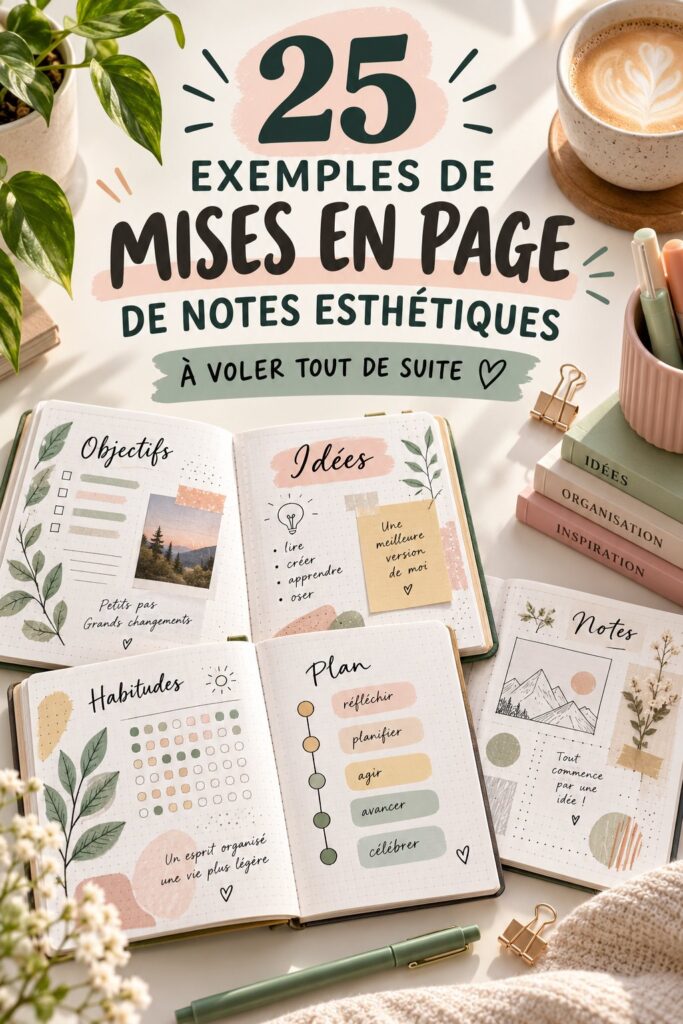 Mises en page de notes esthétiques en couleur sur un bureau.