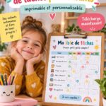 Modèle de liste de tâches pour enfants à imprimer, avec des icônes colorées et des sections pour les corvées quotidiennes.
