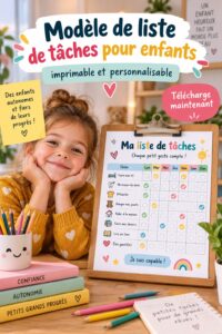 Modèle de liste de tâches pour enfants à imprimer, avec des icônes colorées et des sections pour les corvées quotidiennes.