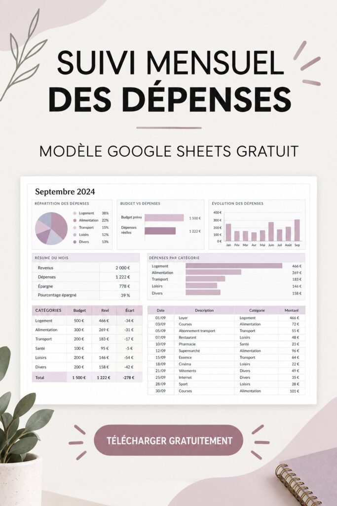 Capture d'écran d'un modèle de suivi de dépenses dans Google Sheets.
