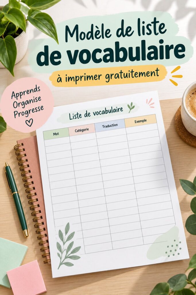Image d'un modèle de liste de vocabulaire gratuit à imprimer