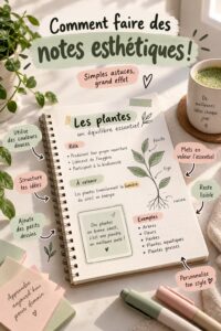 Un bureau organisé avec des notes esthétiques en couleur et des fournitures scolaires variées.