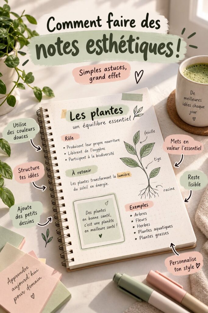 Un bureau organisé avec des notes esthétiques en couleur et des fournitures scolaires variées.
