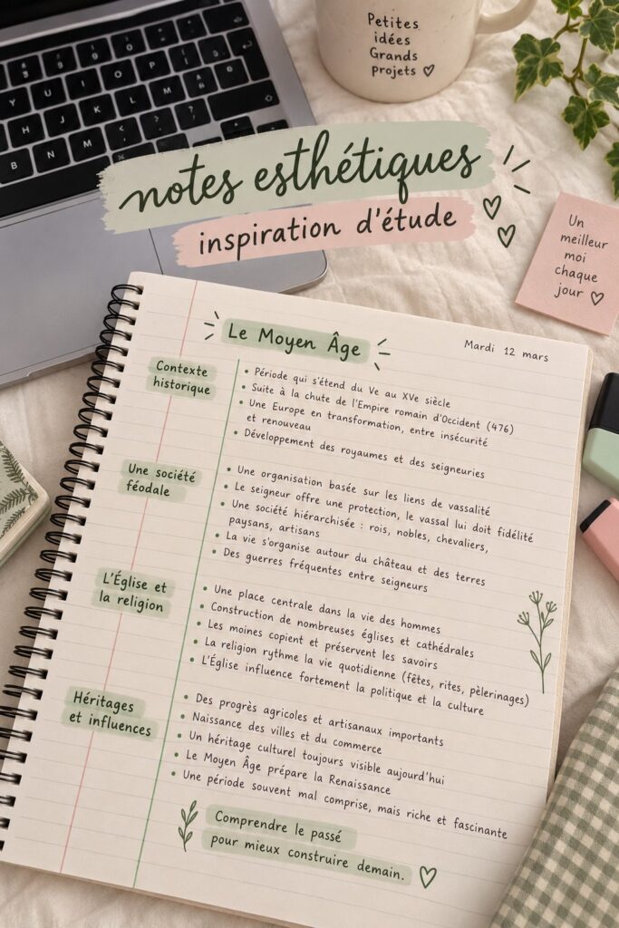 Un bureau bien organisé avec des notes esthétiques colorées et créatives.