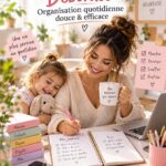 Maman organisée avec son planner entourée de ses enfants