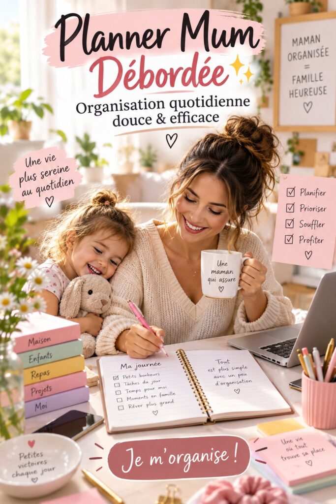 Maman organisée avec son planner entourée de ses enfants