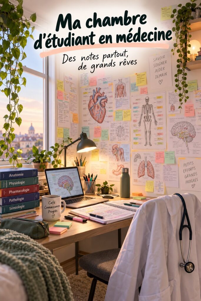 Espace d'étude pour étudiants en médecine bien organisé avec des notes et des livres sur le bureau