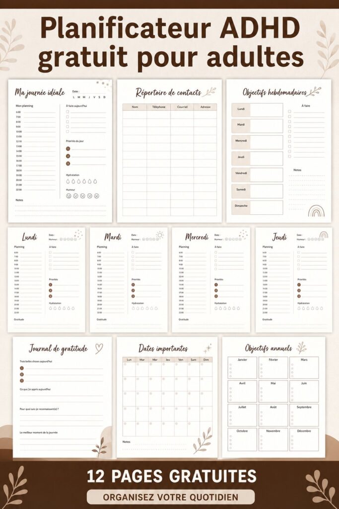 Un planificateur ADHD gratuit à imprimer, sur un bureau avec des fournitures scolaires.