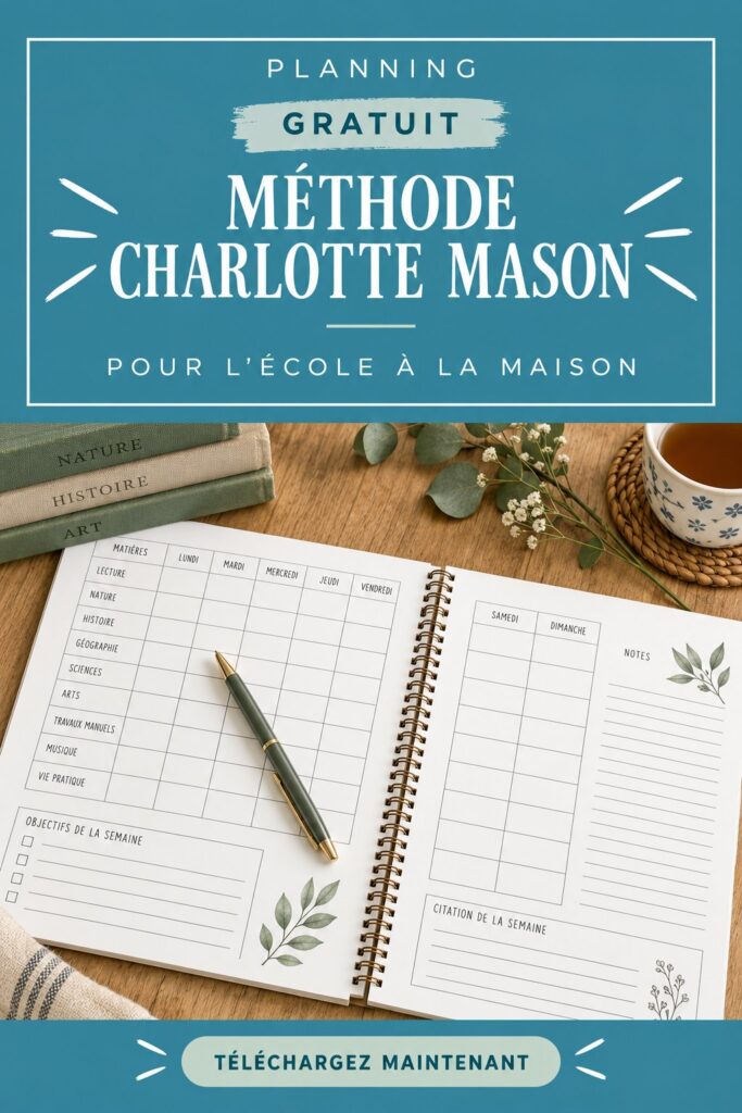 Planificateur Charlotte Mason gratuit imprimé sur un bureau avec des fournitures scolaires.