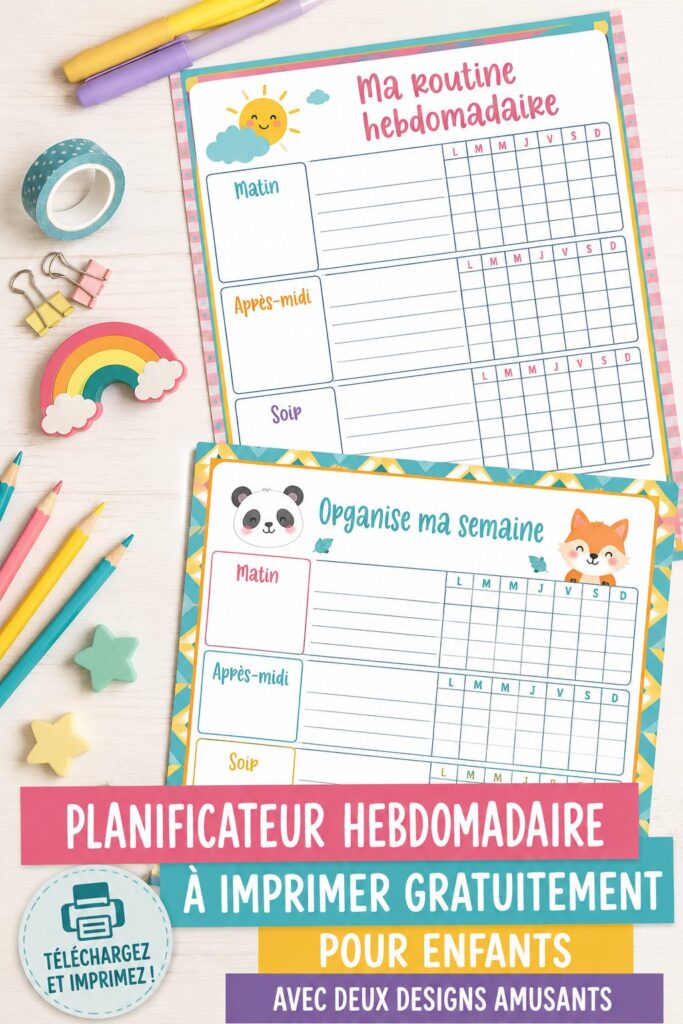 Planificateur hebdomadaire coloré pour enfants sur une table avec des fournitures scolaires.