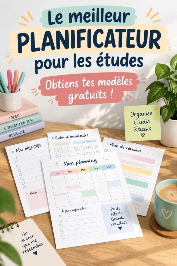 Modèle de planner d'étude gratuit sur un bureau avec stylos et cahiers.