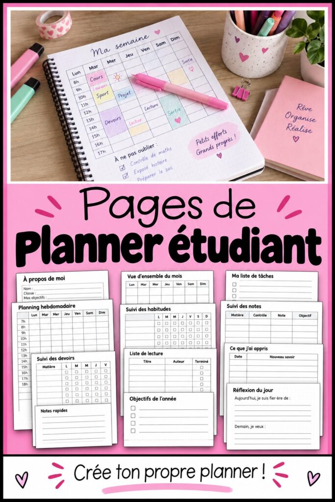 Un planner étudiant coloré et personnalisé sur un bureau.