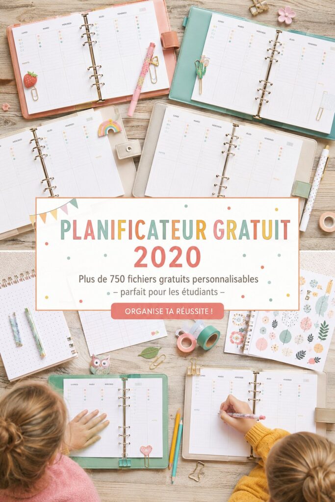 Un planner étudiant ouvert avec des notes et des stylos sur une table d'étude.