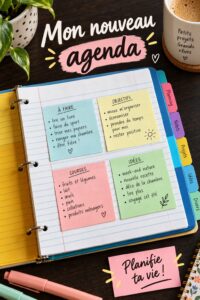 Un planner fait maison ouvert sur un bureau avec des stylos colorés.