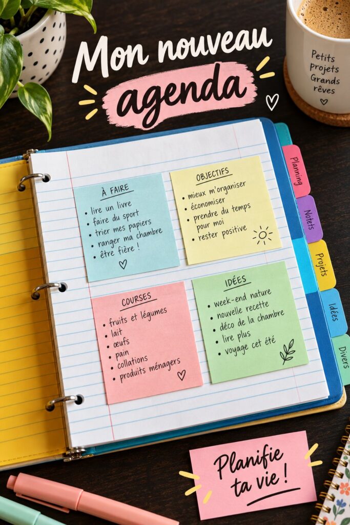 Un planner fait maison ouvert sur un bureau avec des stylos colorés.