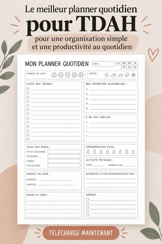 Un planner coloré ouvert sur une table avec des notes et des stylos, idéal pour les personnes avec TDAH.