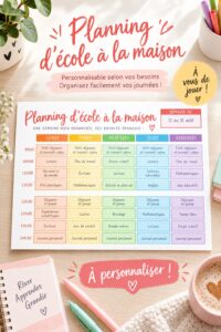 Un modèle d'emploi du temps scolaire imprimé avec des crayons et des notes de cours.