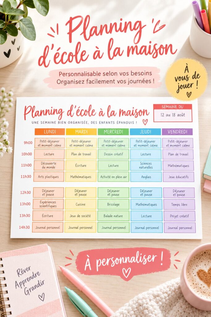 Un modèle d'emploi du temps scolaire imprimé avec des crayons et des notes de cours.